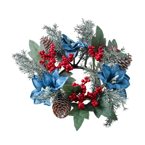 1 Pack Christmas Candle Ring, Artificial Garland, Blue Flower Red Berry Pine Cone Garland, Kitchen Cabinet Table Centerpiece Christmas Holiday Decorations.