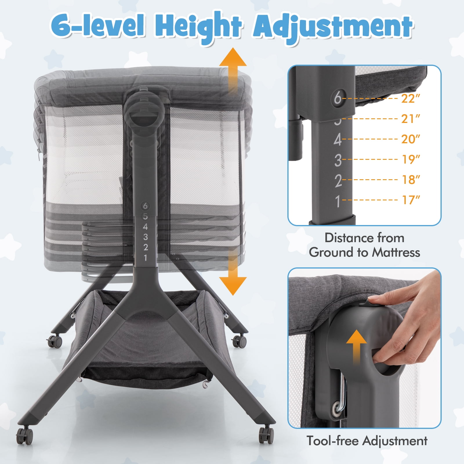 Costway Height Adjustable Bedside Sleeper Baby Crib with Storage Bag 0-6 Months Gray