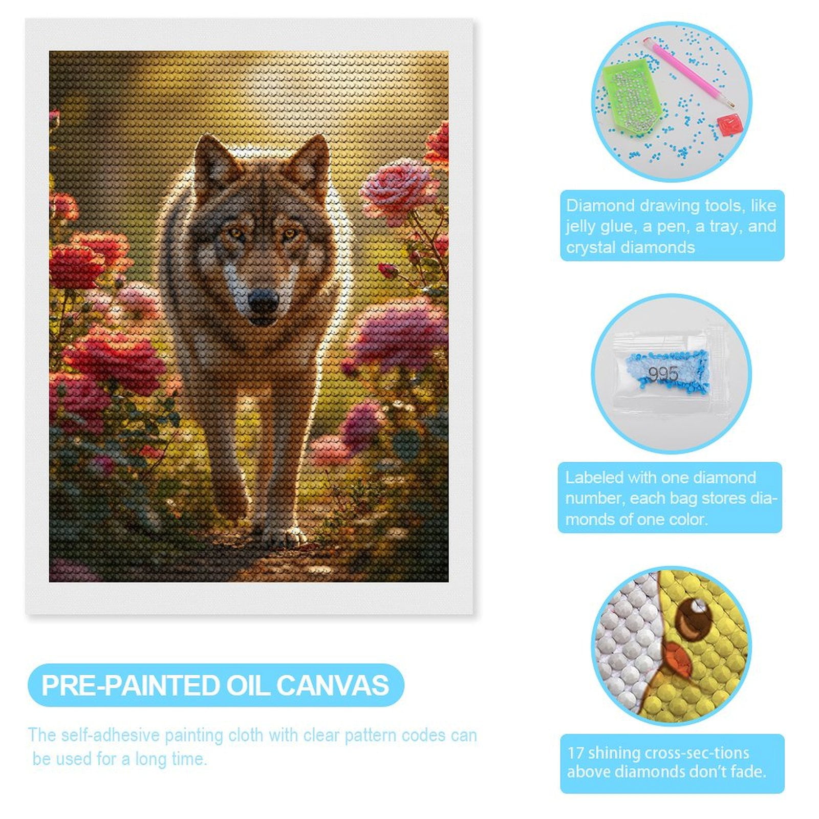 Diamond Art Kits for Adults, Wolf Strolling Through Rose Garden 5D Diamond Painting Kits for Adults Beginners, DIY Full Drill Diamond Painting, Gem Art and Crafts 12x16