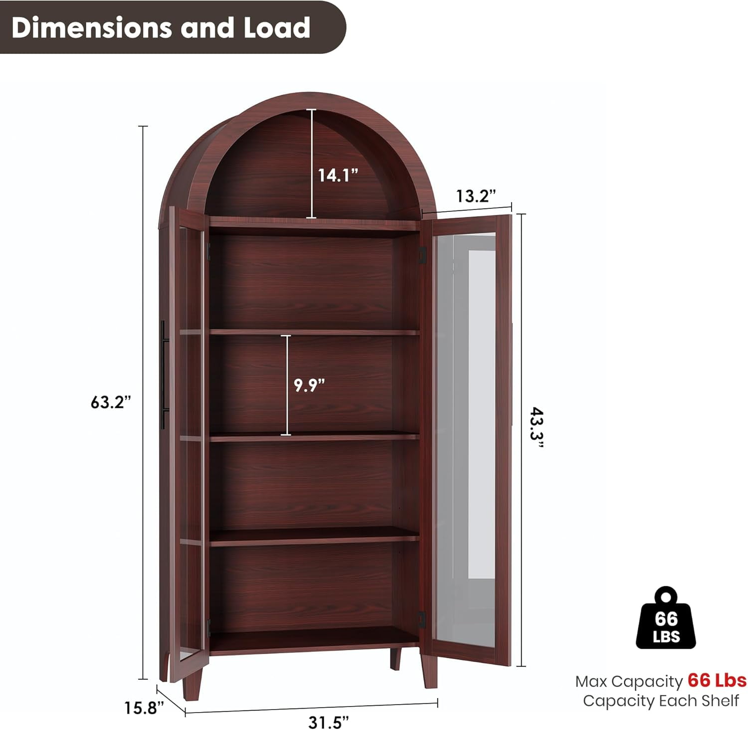 Memoryfield Farmhouse 5 Tier Bookcase Display Shelf, with Adjustable Shelf and 2 Large Glass Doors, Arched Kitchen Pantry Cabinet, Versatile Storage Cupboard, Walnut