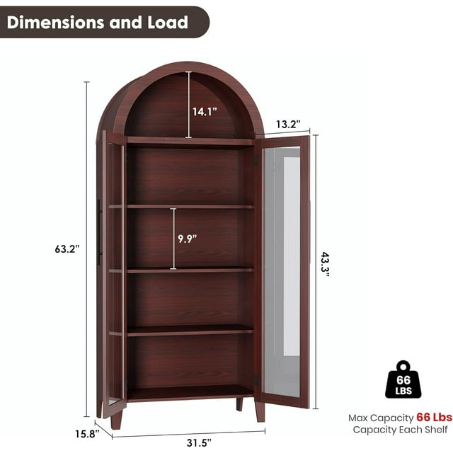 63"H Arched Kitchen Pantry Storage Cabinet - Farmhouse 5 Tier Display Shelf with Adjustable Shelf and 2 Large Glass Doors, Versatile Cupboard for Kitchen, Dining Room, Living Room