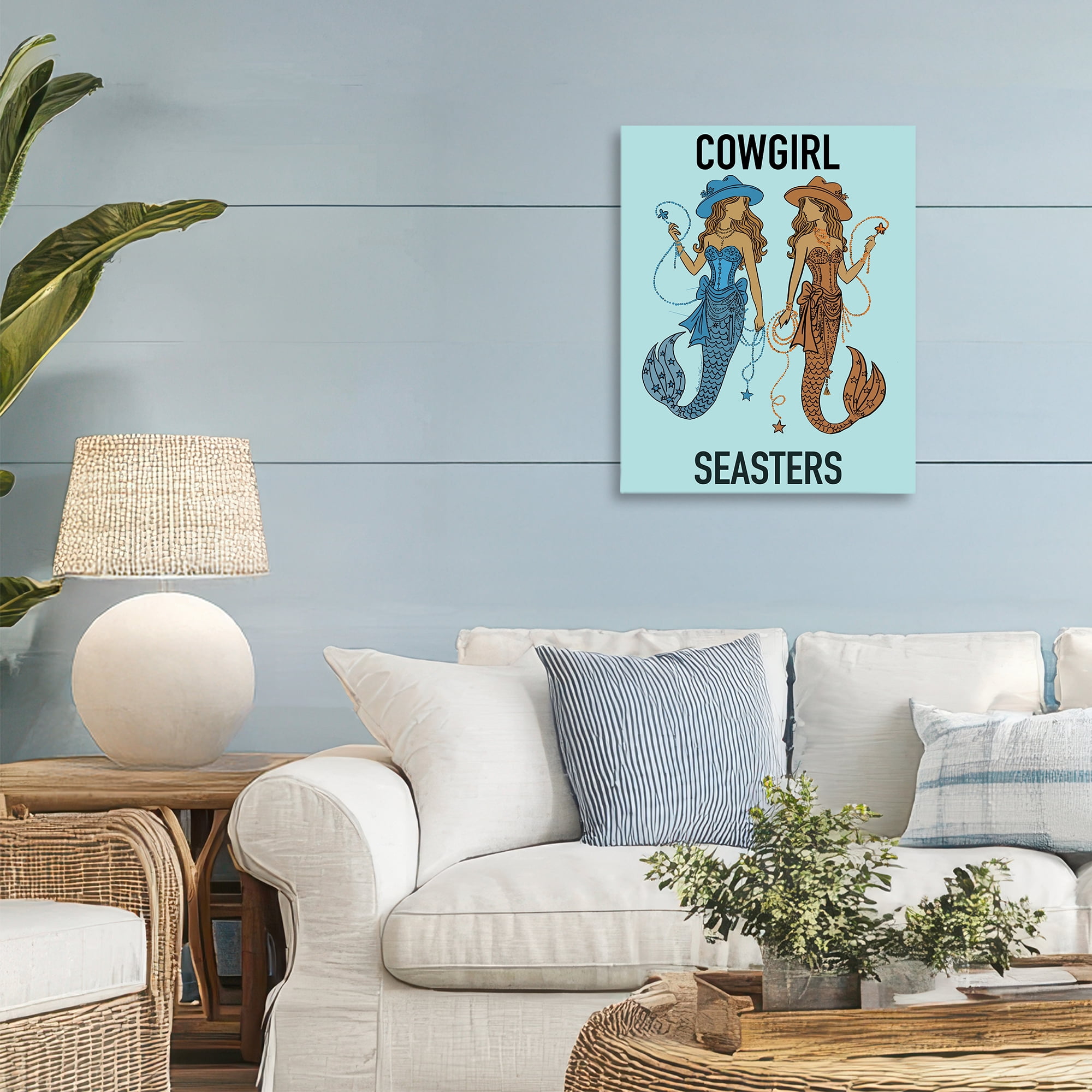 Cowgirl Seasters Mermaid Friendship Canvas Wall Art, design by Amelia Noyes