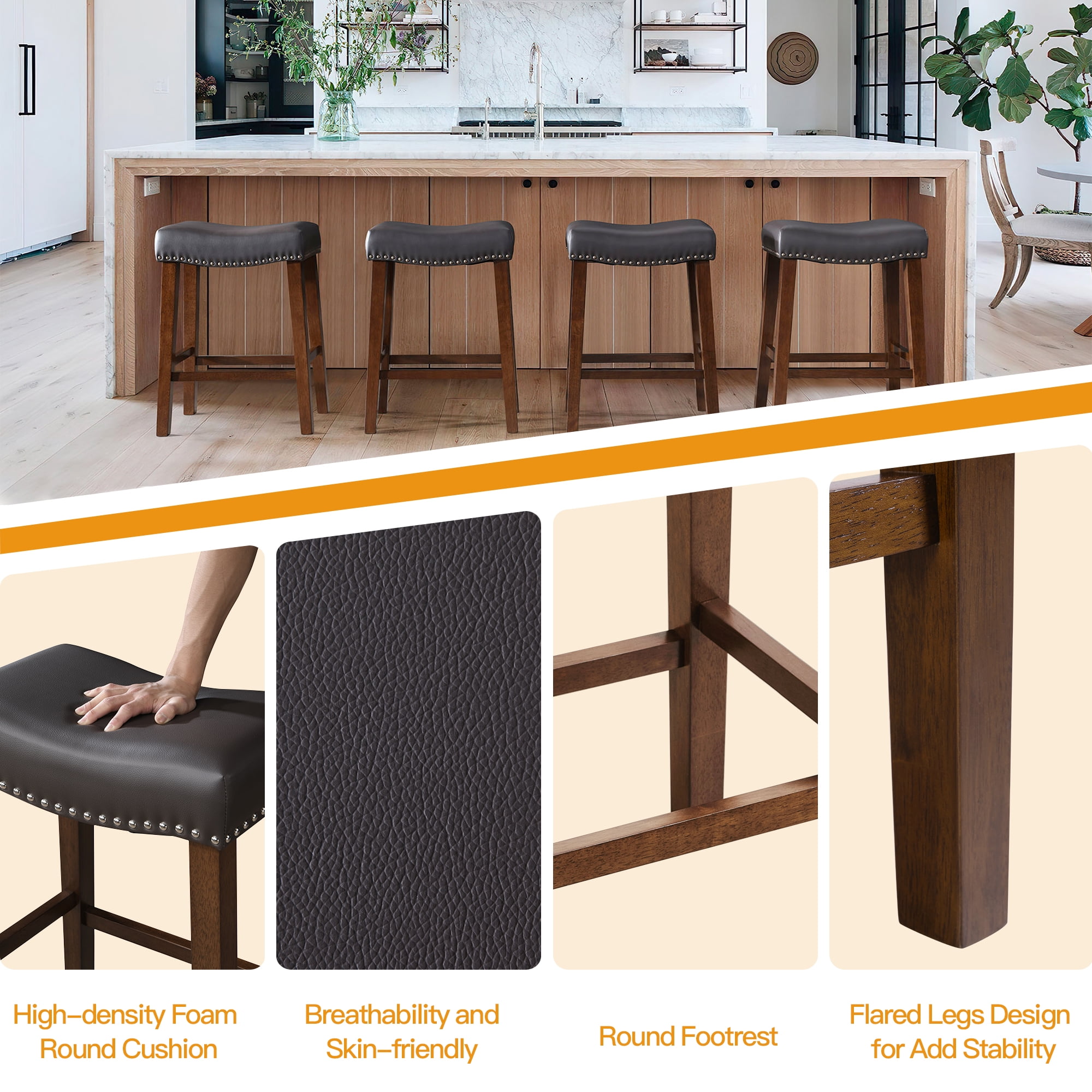 26 Inch Bar Stools Set of 2 Leather Counter Height Kitchen Stools Curved Backless Saddle Barstools for Kitchen Island, Brown