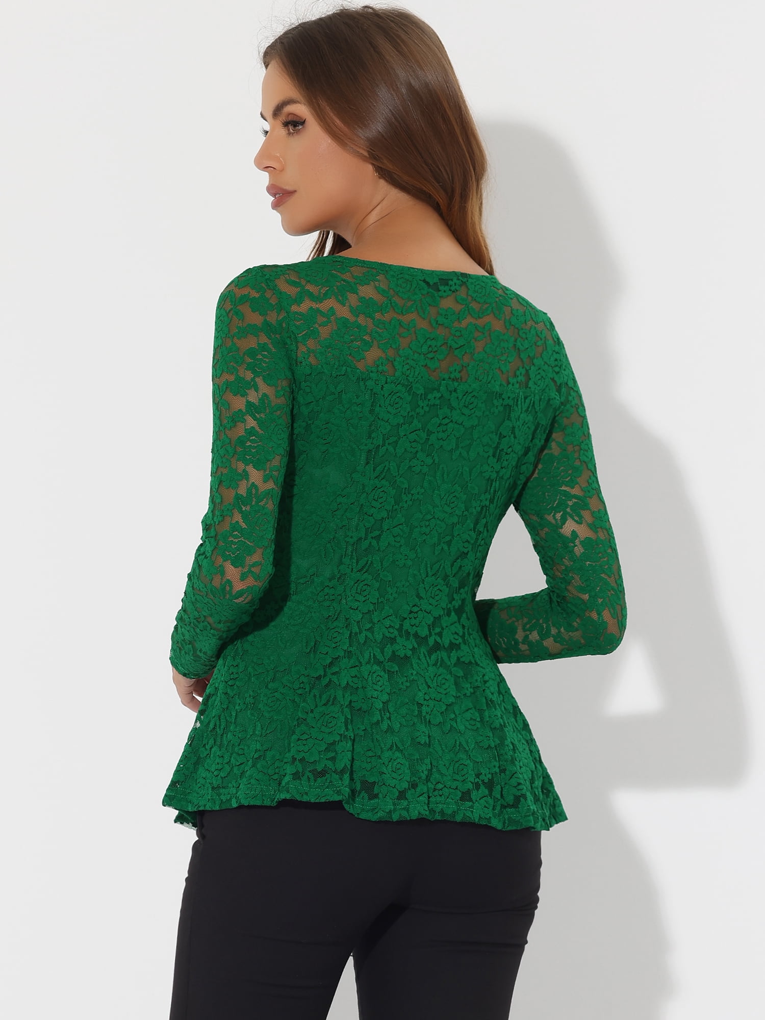 DARING DIVA Lace Peplum Tops Elegant Floral Lace Blouse M Green