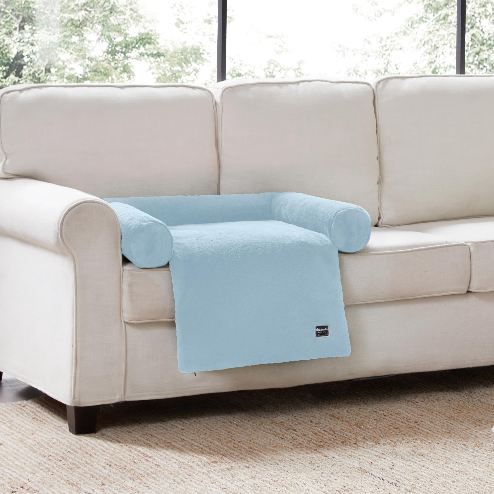 allisandro Calming Furniture Protector Dog Bed with Soft Neck Bolster, Waterproof Faux Fur Couch Cover with Removable Cover, 32 x 30 x 5 Inches, Blue