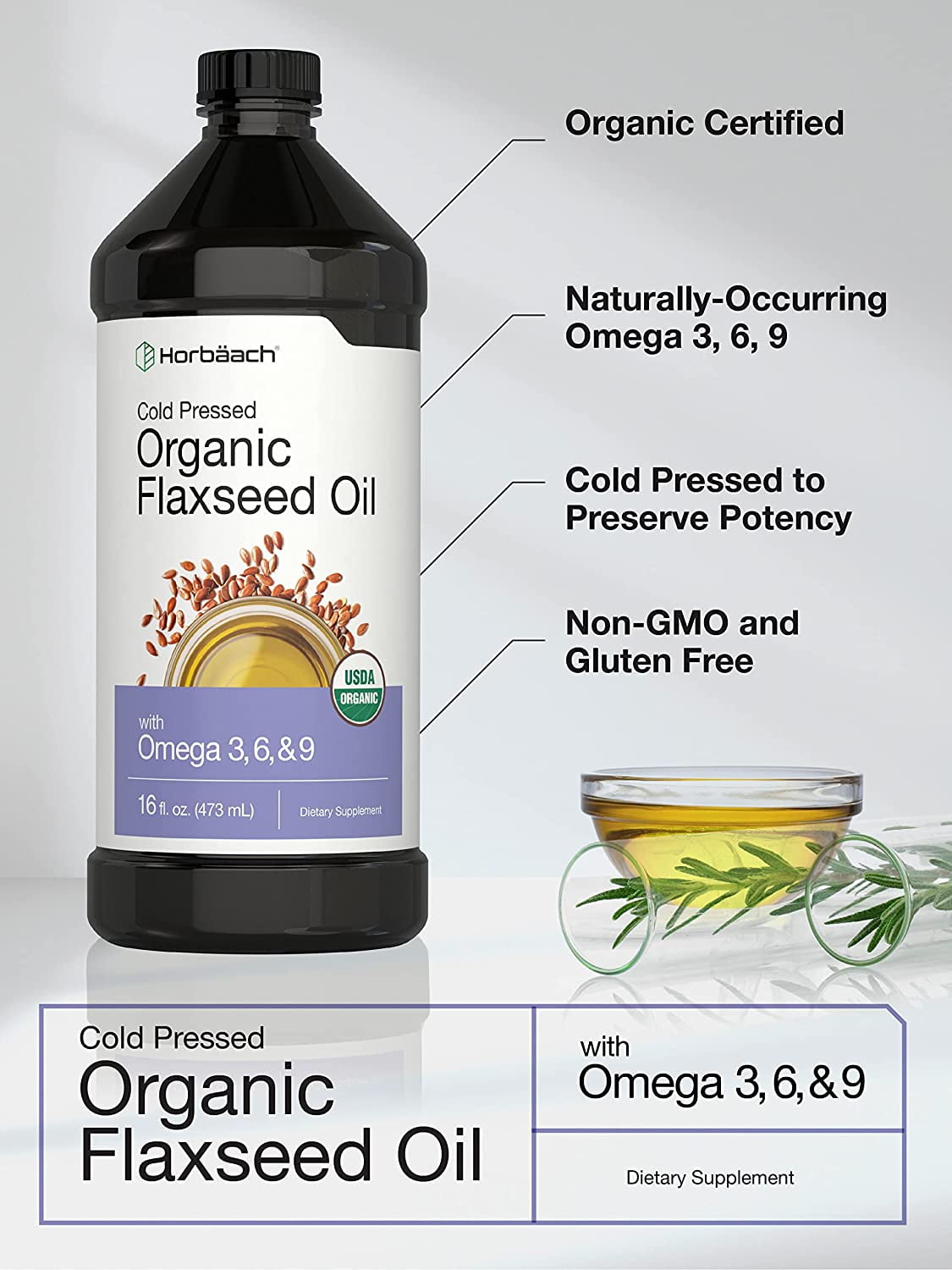 Organic Flaxseed Oil | 16oz | 3 Pack | Cold Pressed & Vegetarian | by Horbaach