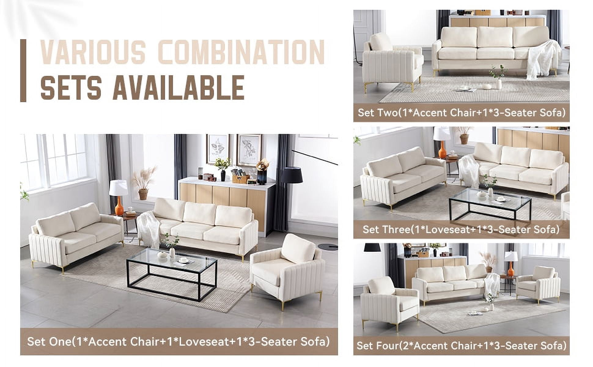Muumblus Velvet 3 Piece Modern Living Room Furniture Sofa Sets, Beige