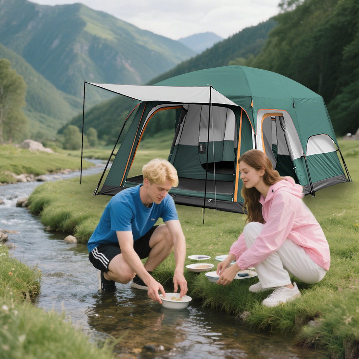 KFeng 12 Person Tents for Camping - 2Rooms 3Doors&3Windows Mesh,Suitable for Outdoor/Picnic,Green