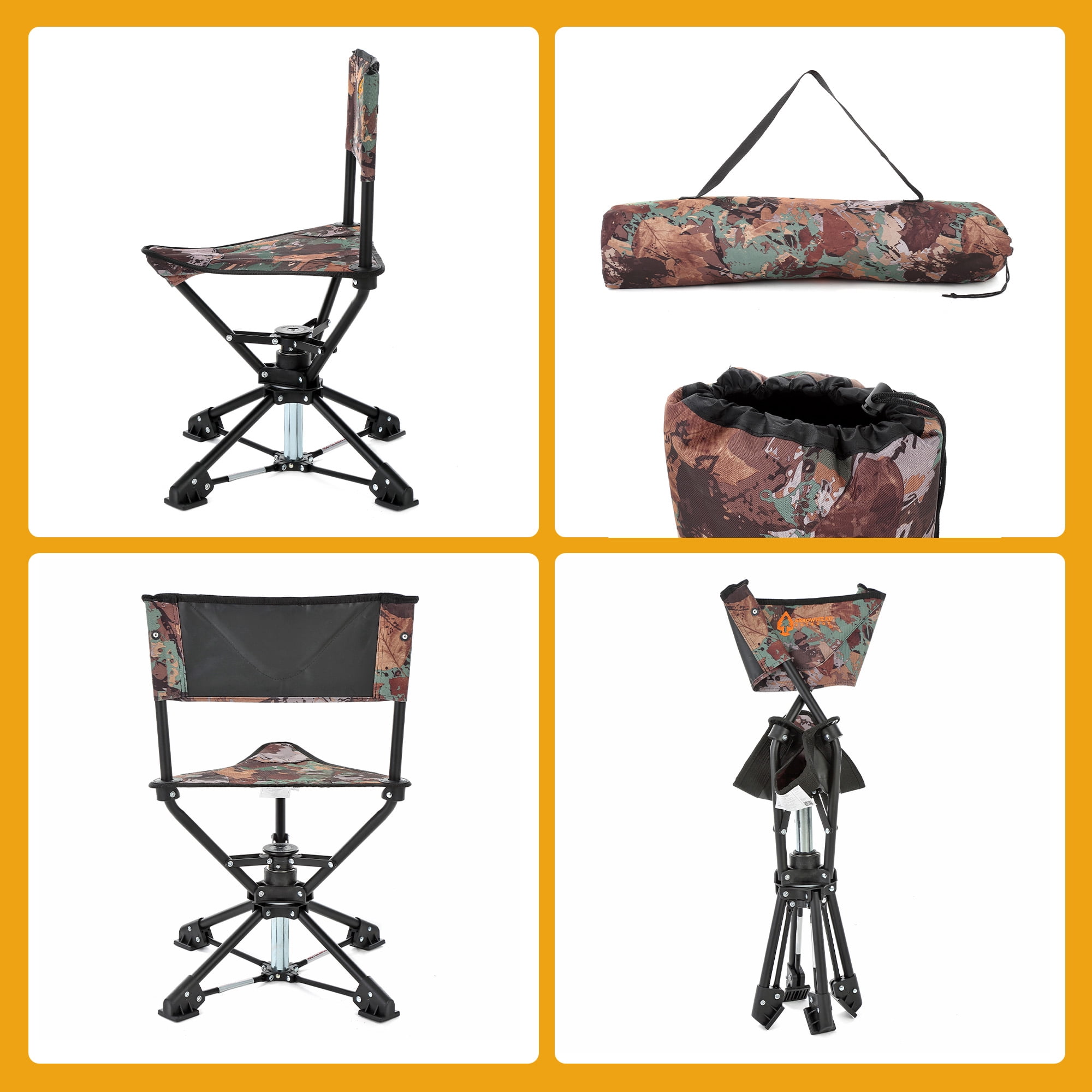 ARROWHEAD OUTDOOR Portable Folding 360° Swivel Tripod Hunting Stool Chair w/ No Sink Feet and Carry Bag