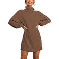 thumbnail image 1 of LUXUR Robe Chandail pour Femmes, Couleur Unie, Col Montant, Mini Robes, Ample, Manches Longues, Brun, TG, 1 of 2