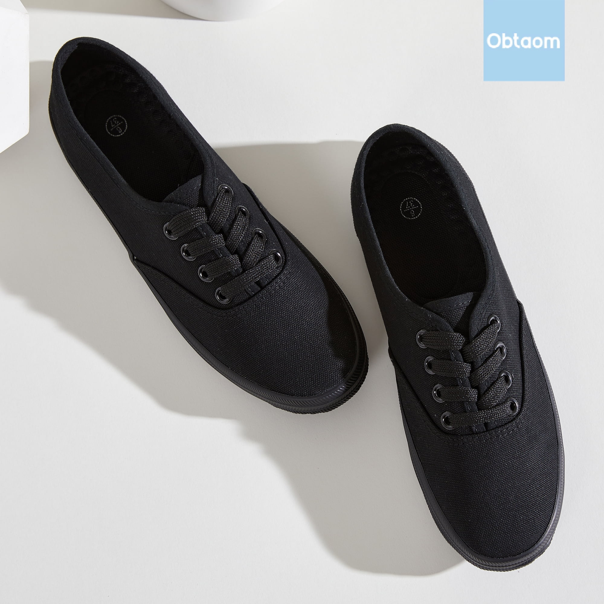 Obtaom Women’s Canvas Sneakers Fashion Lace up Canvas Shoes,Low Top Casual Flat,Lightweight Tennis Shoes.(All Black,US7)