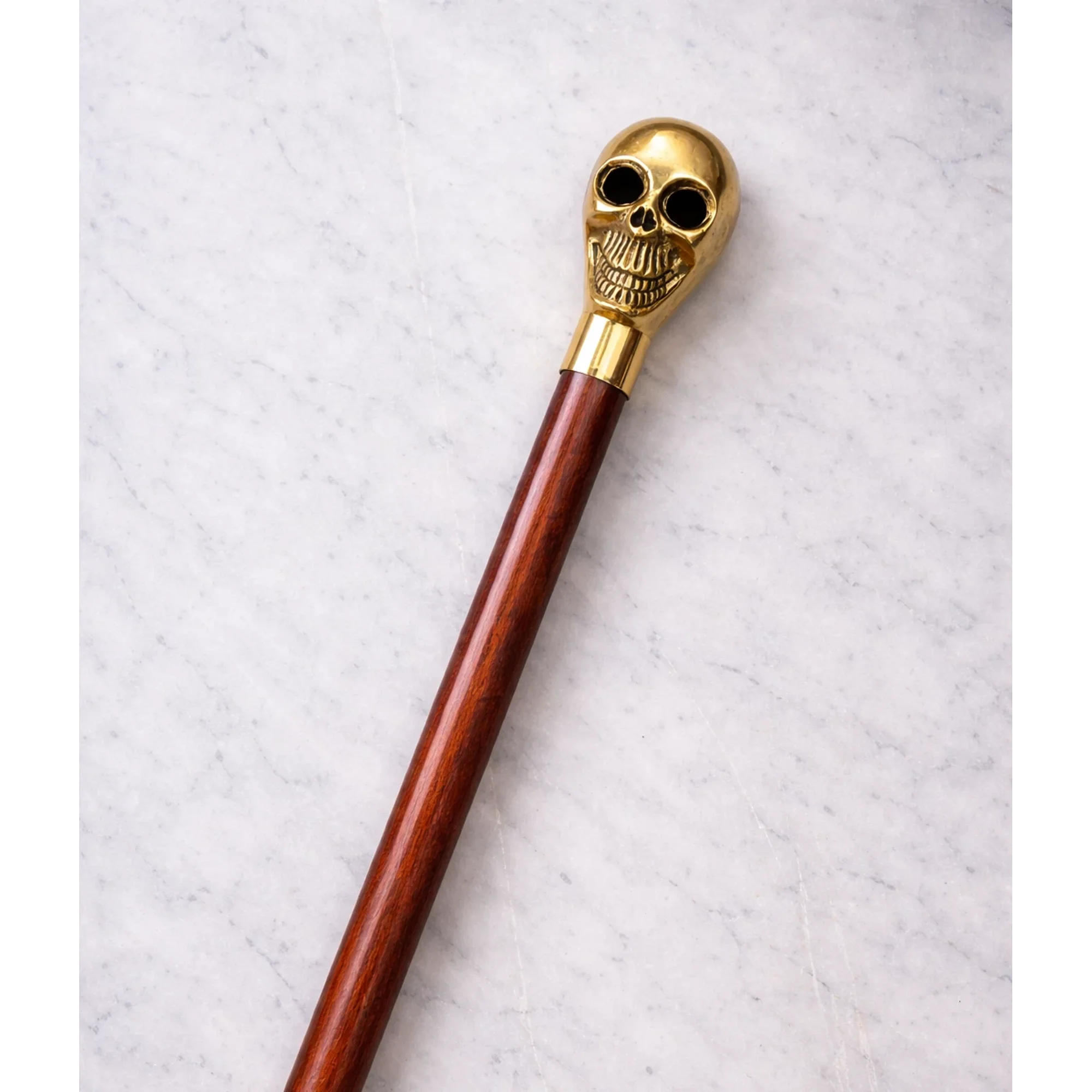 Vintage Victorian Wooden Walking Stick Cane with Solid Brass Skull Handle Antique Gift