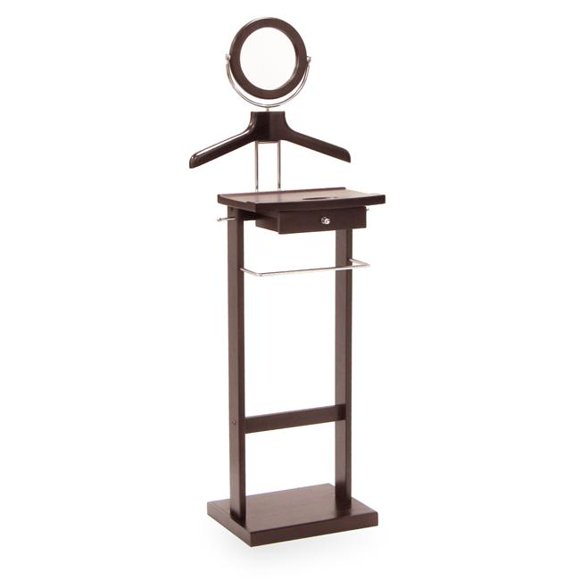 Espresso Beechwood VALET STAND WITH MIRROR COAT & PANT RACKS SOLID BASE