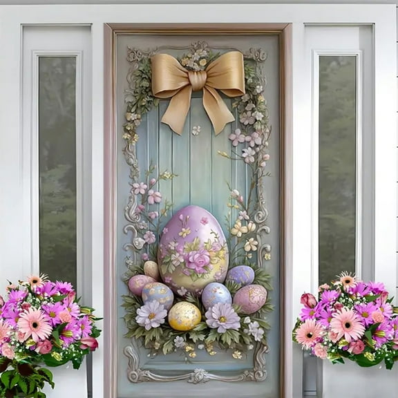 KCEHTA Easter Door Cover Porch Sign Colorful Easter Bunny Door Decorations Spring Party Supplies