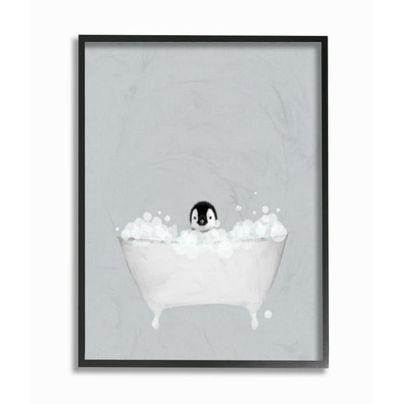 Stupell Industries Penguin Blue Bath Cute Animal Design Graphic Art Black Framed Art Print Wall Art, 24x30, by Leah Straatsma