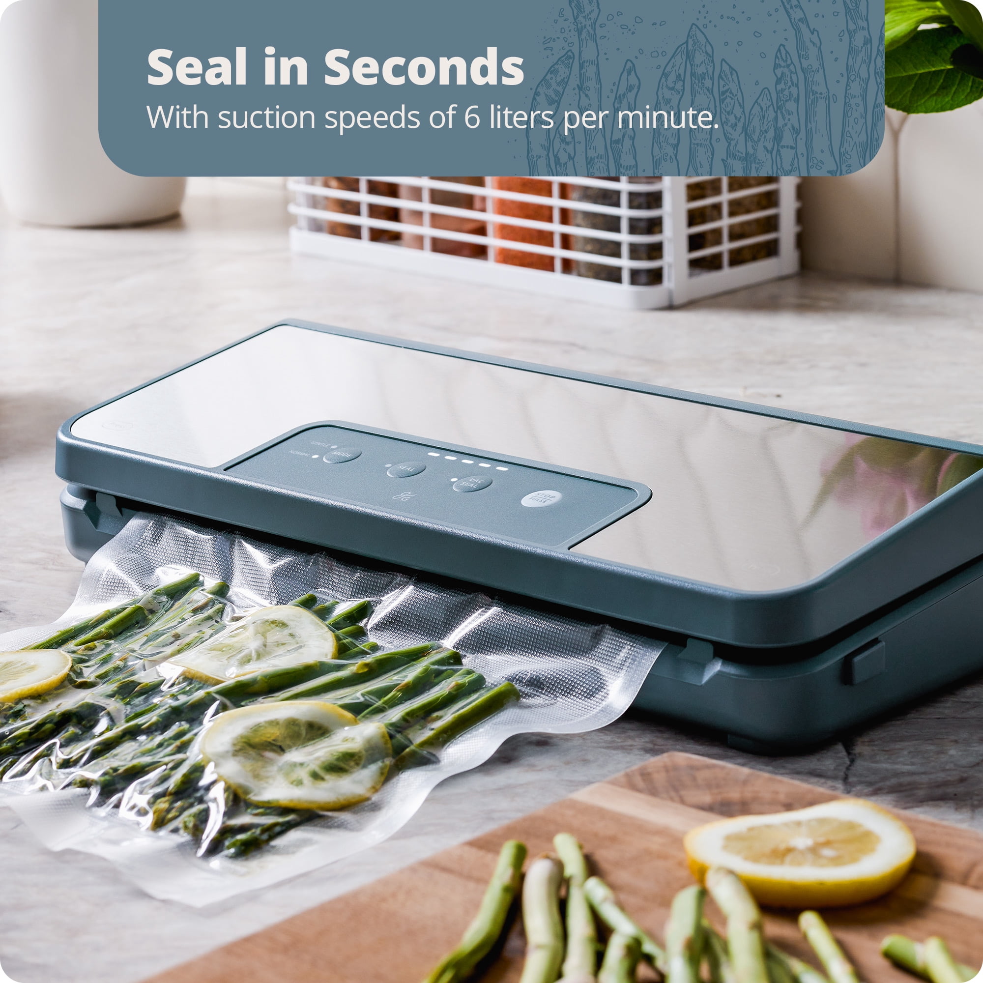 Greater Goods Vacuum Sealer Machine for Sous Vide Cooker, Freezer Bags, and More, with 1 Roll of Vacuum Seal Bags (Stone Blue)