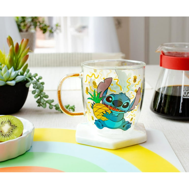 Disney Lilo & Stitch Pineapples Glitter Handle Glass Mug