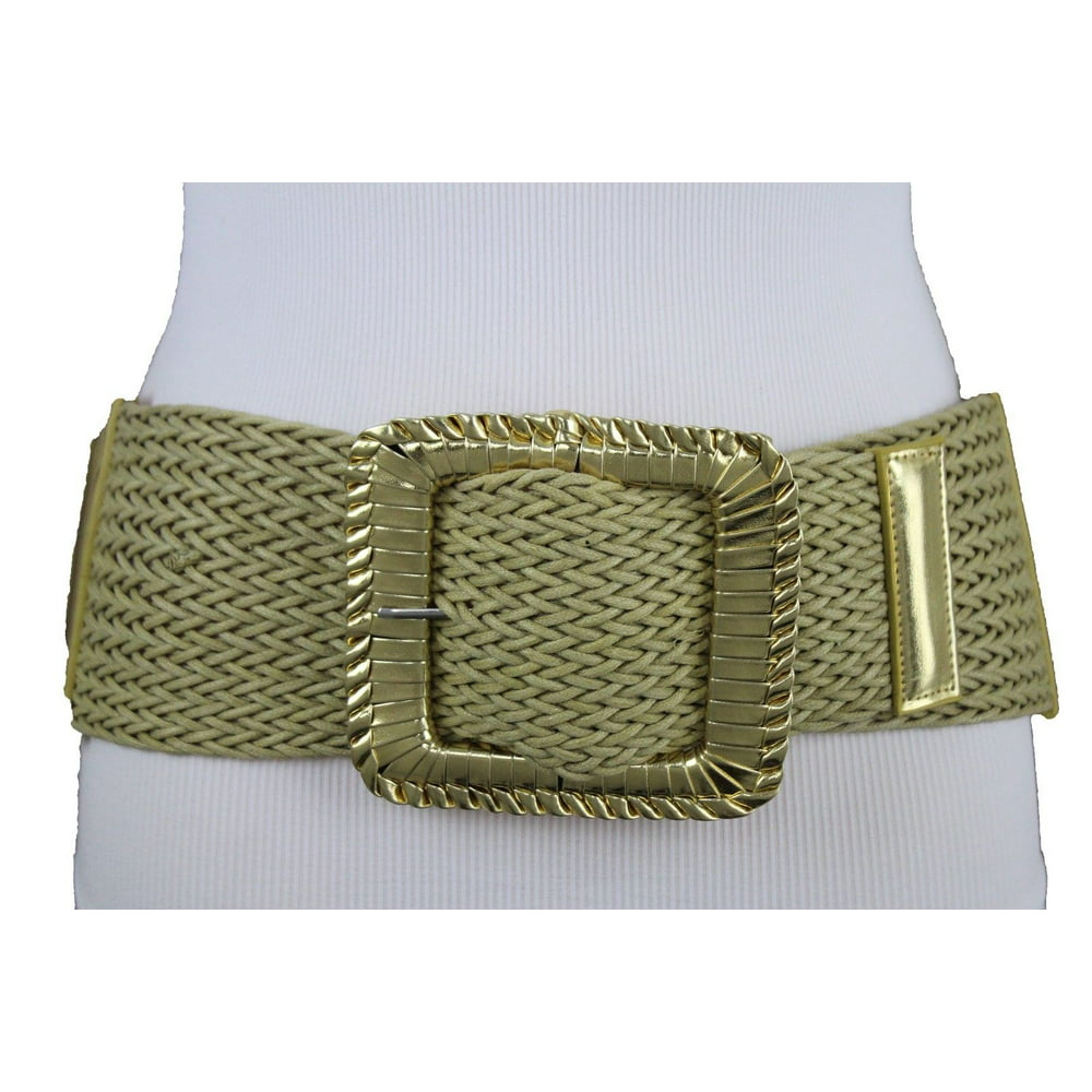 Alwaystyle4you Women Wide Belt Gold Elastic Braided Hip High Waist Square Buckle