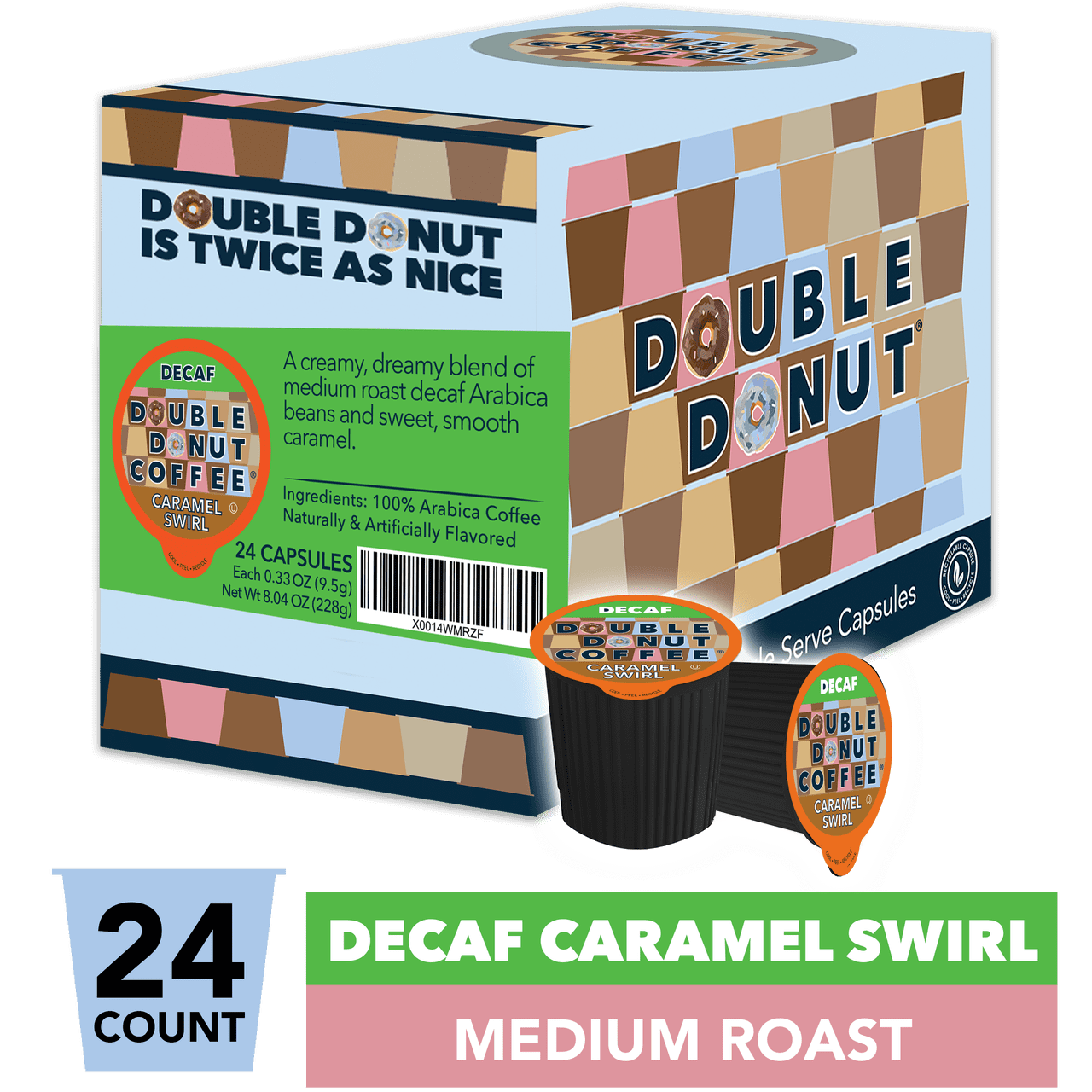 Caramel Swirl Medium Roast Decaf Flavored Coffee Pods for Keurig K Cups Makers from Double Donut, 24 Count