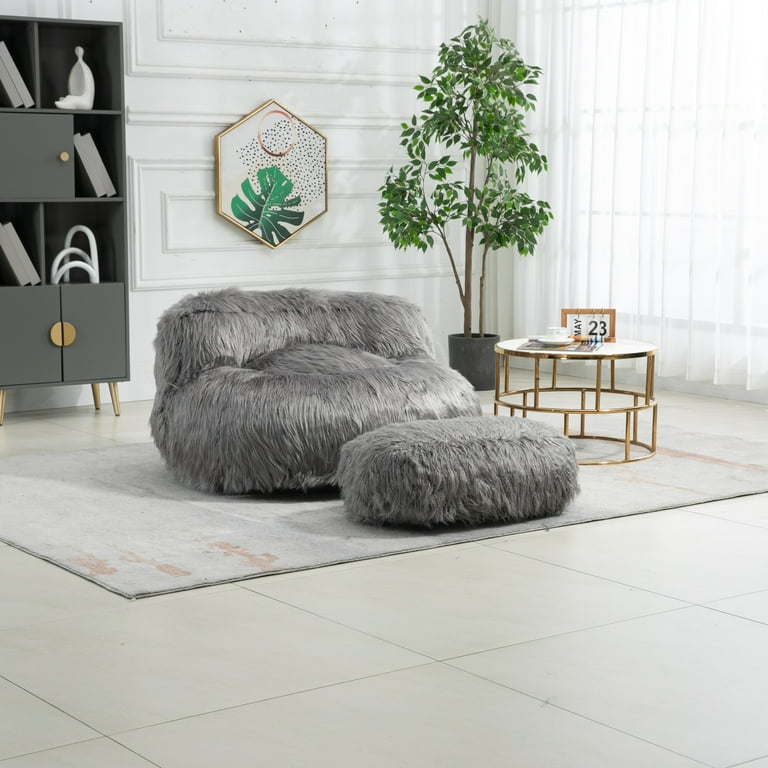 Plush Bean Bag Chair High Back Lazy Sofa Couch with Footstool and Metal base Comfy Round Lounger with Armrests for Adults and Kids Indoor