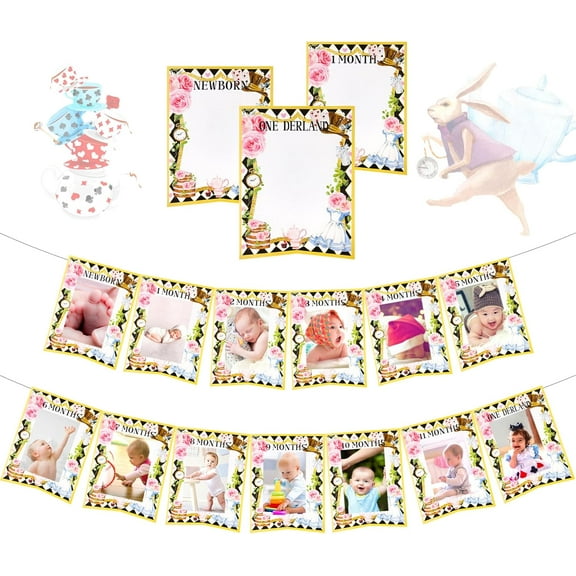 Alice in Wonderland Theme Photo Decoration Banner - Gold Border Wall Hanging 13-Card Set Party Backdrop Wall Decor