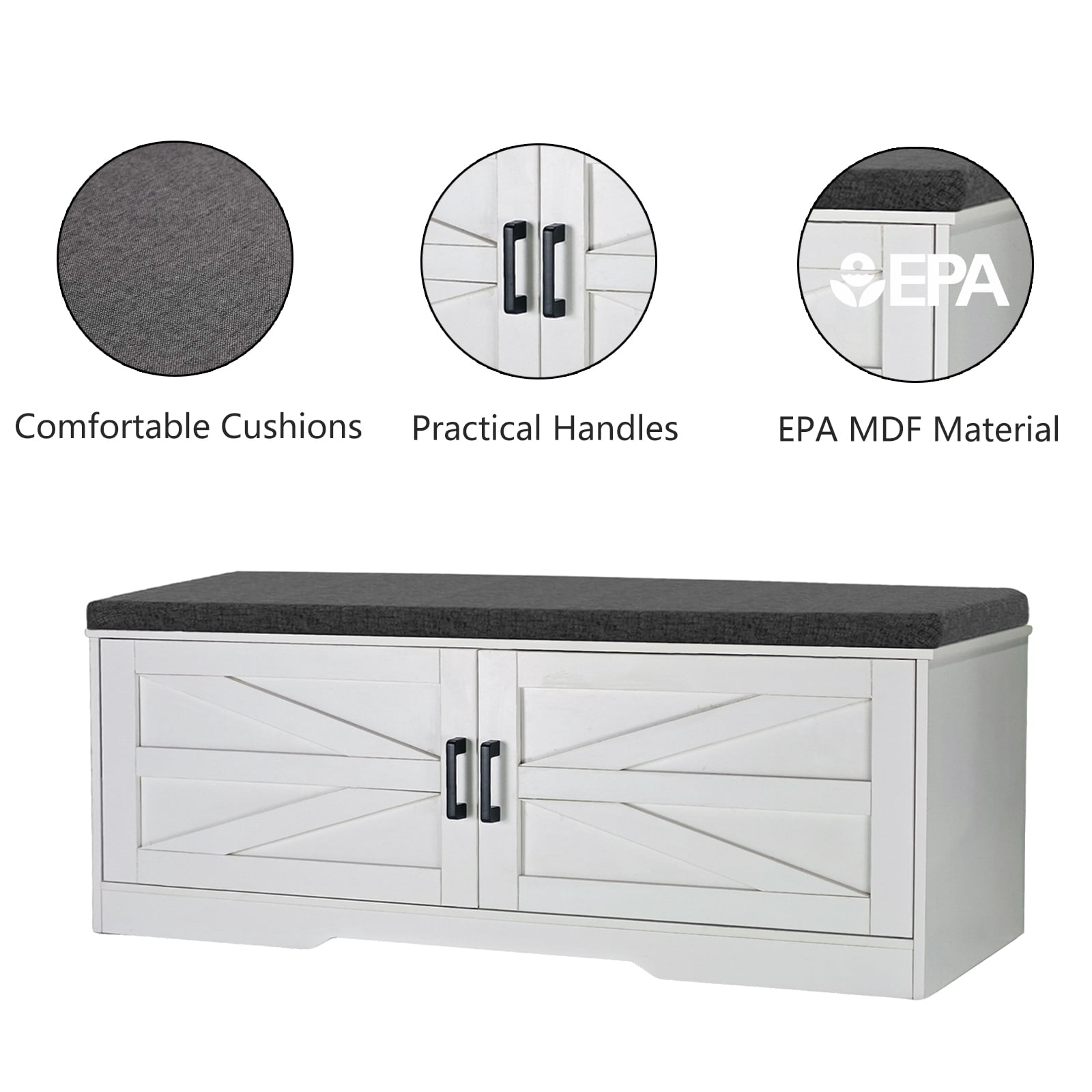 Storage Bench, White 2-Tier Farmhouse Design with Barn Doors, Padded Seat Cushion, and 2 Adjustable Shelves, 39.4 Inch Shoe Bench for Entryway, Bedroom, Living Room