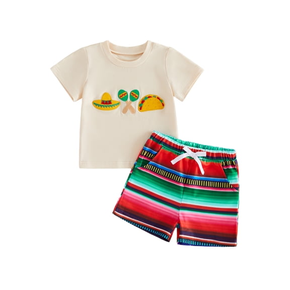 BemeyourBBs Toddlers Baby Boys Mexican Fiesta Outfits Cinco De Mayo Baby Boy Outfit Short Sleeve Embroidery T-shirt with Striped Pockets Shorts Set Toddler Boys Summer Clothes