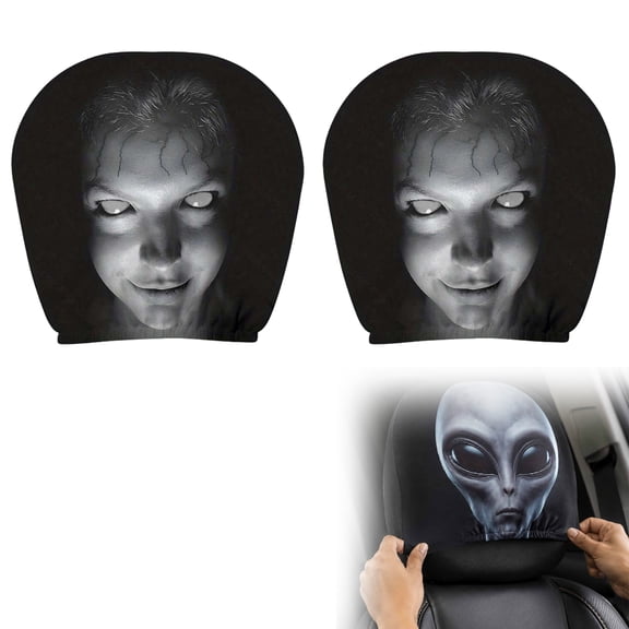 2 PCS Car Headrest Cover, Funny Scary Monster Face Black Head Rest Cover, Soft Polyester Fabric Stretchy Washable Headrest Protector Universal Fit to All Car Suvs Truck Van