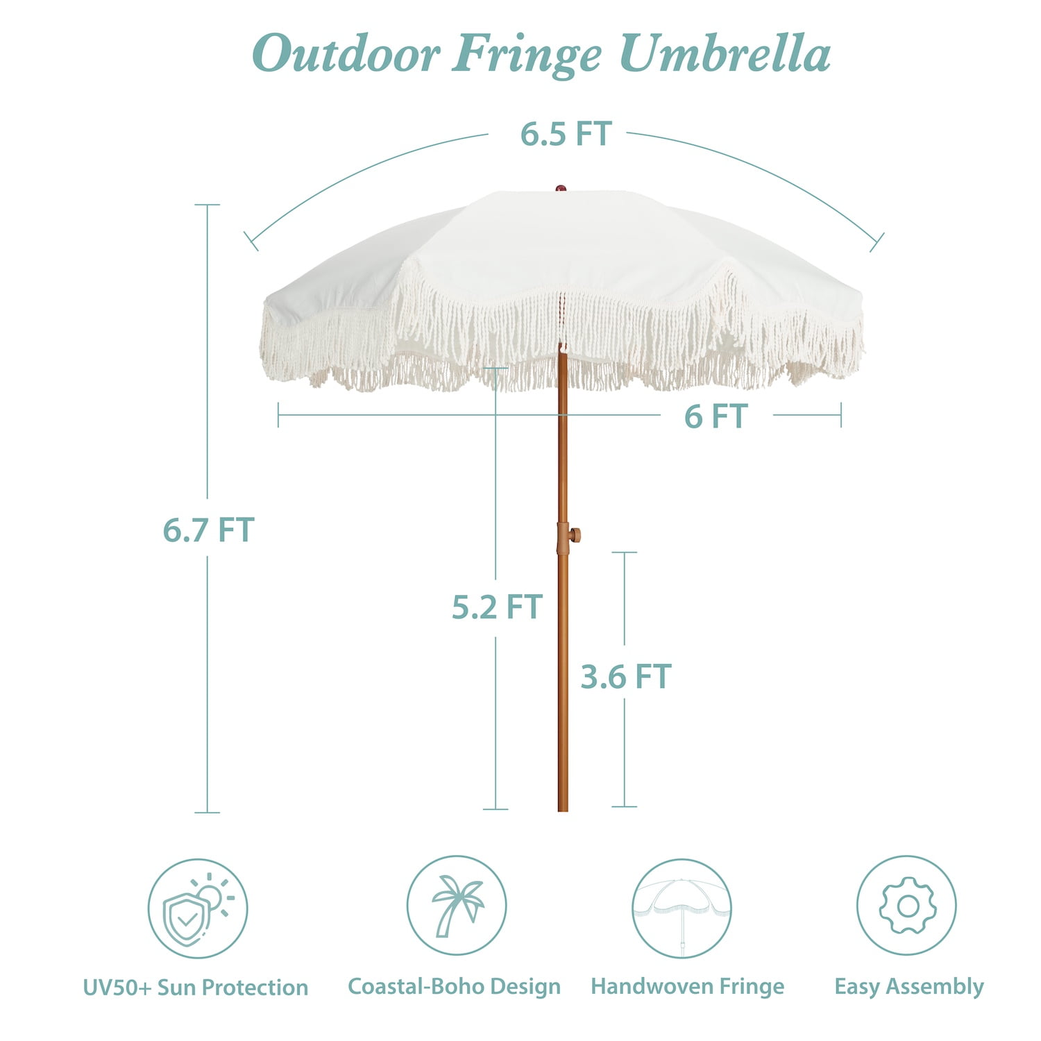AMMSUN 6.5ft Patio Umbrella UPF50+ with Boho Fringe Tassel Tilt Pole for Outdoor Picnic,Cream White