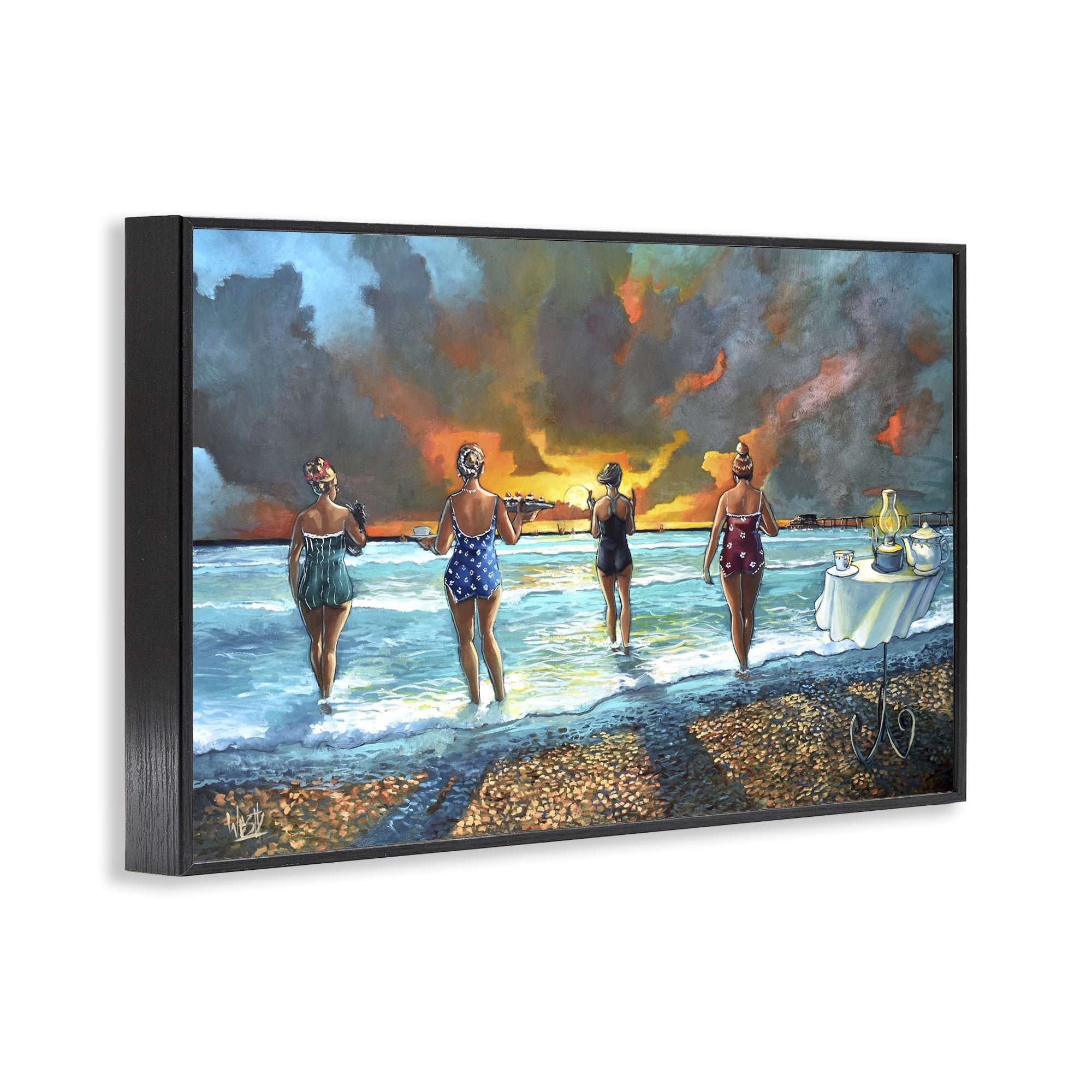 Stupell Industries Elegant Ladies on Beach Novelty Painting Black Framed Art Print Wall Art, 24 x 16