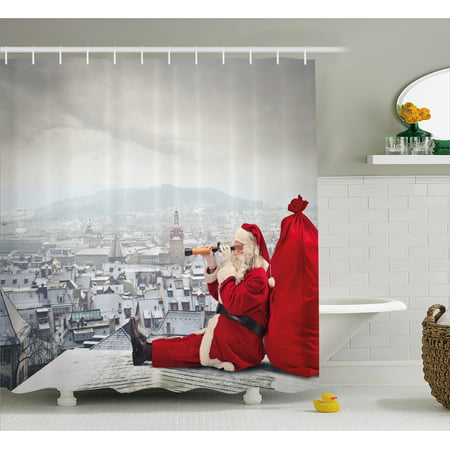 Christmas Shower Curtain, Santa Claus Sitting on Roof Top Looking Through Binoculars Cloudy Cityscape, Fabric Bathroom Set with Hooks, Red Pale Grey, by