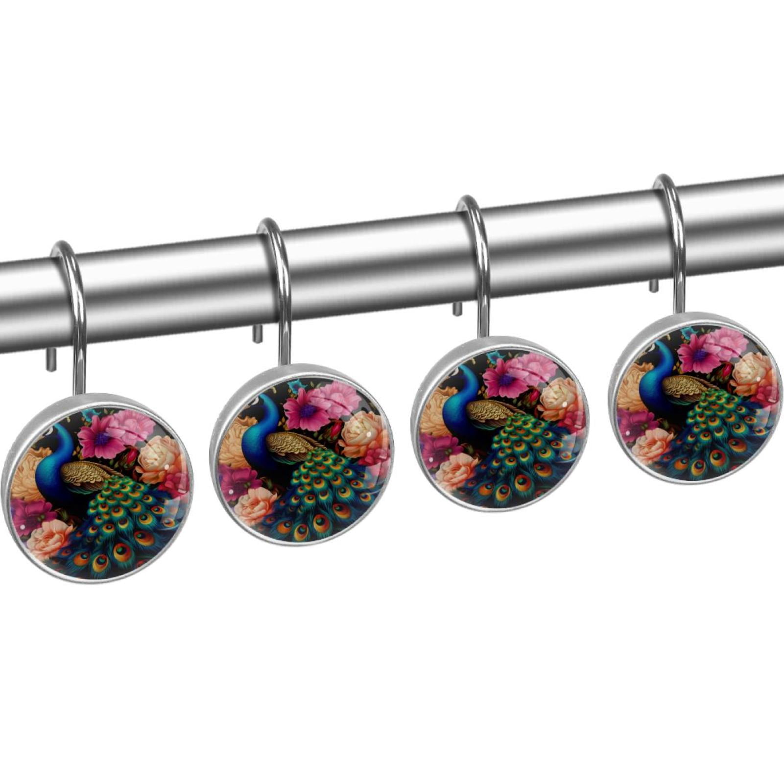 Peacock Shower Curtain Hooks （Set of 12） for Home Hotel Shower Rods Bathroom Crystal Glass Print Stainless Steel Round Curtain Hooks