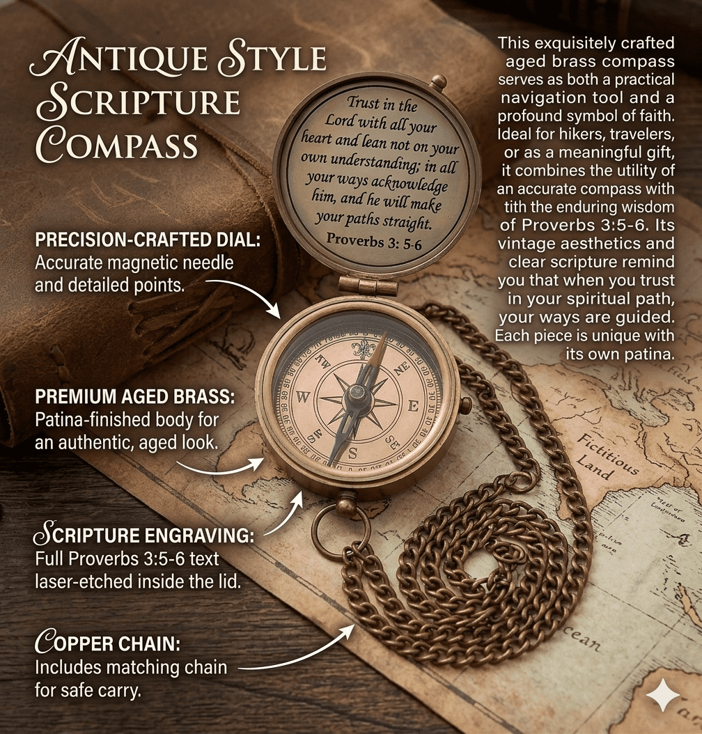 Engraved Brass Pocket Compass with Leather Case - Proverbs 3:5-6 Scripture Religious Gift - Working Nautical Compass for Men, Boys, Baptism, Confirmation, Graduation - Christian Keepsake