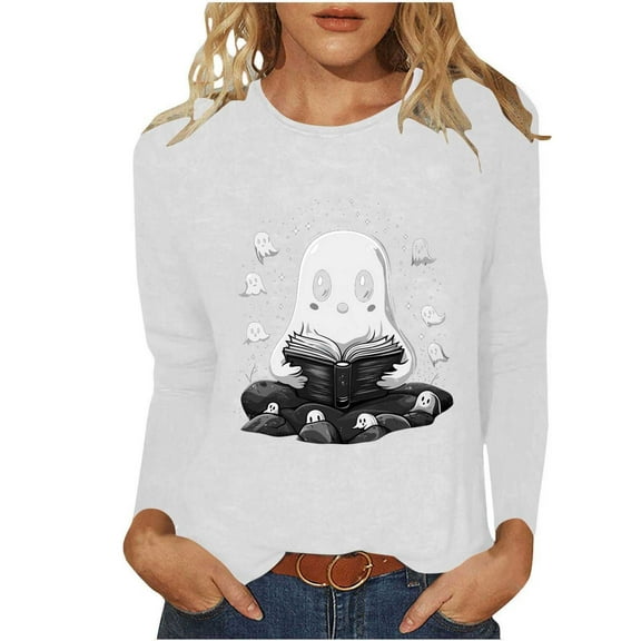 Miqool Halloween Spooky Season Cute Ghost Coffee Oversized Sweatshirt for Women Crewneck Long Sleeve Funny Fall Tops