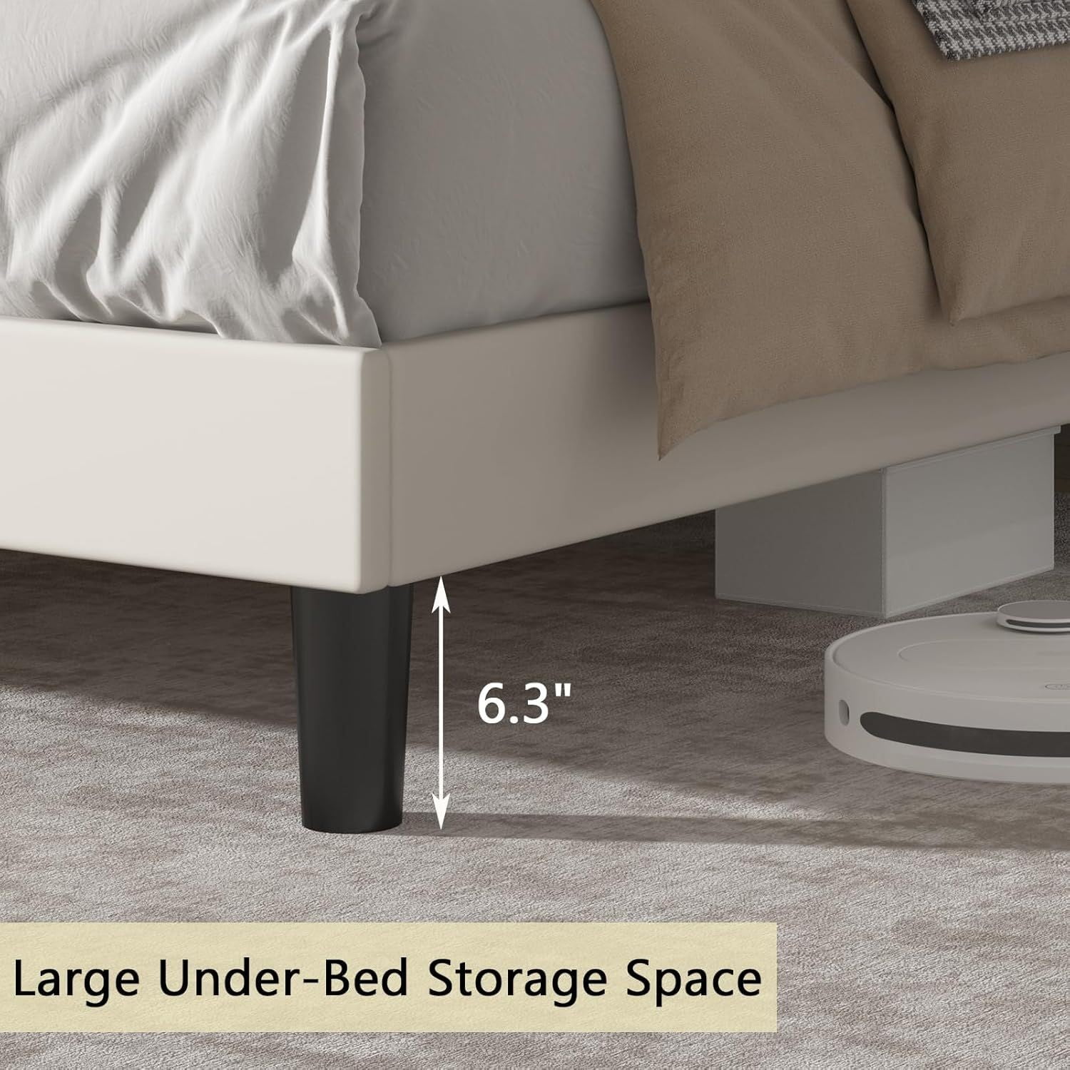 4 EVER WINNER King Size Bed Frame with Storage Headboard, Velvet Upholstered Bed Frame with LED Light, White King Bed Frame with Charge Station, White