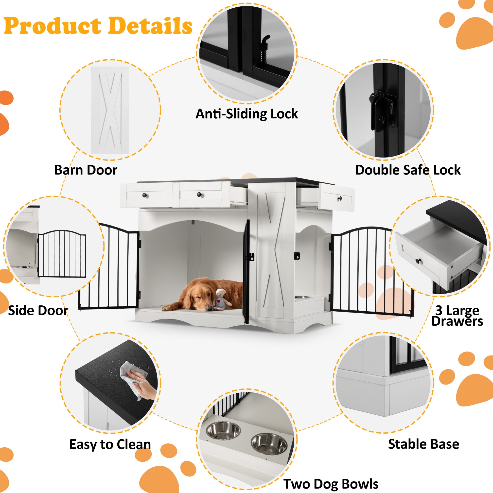 Mintazer 43.3" Farmhouse End Table Dog Crate Furniture & 2 Doors, Indoor Pet Kennel with 3 Storage Drawers & Detachable Feeder Tray, Dog Cage End Table for Medium Large Dogs, Black & White