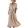 thumbnail image 3 of ClodeEU Women's Summer Boho V Neck Cotton Tunic Dress ,Casual Loose Short Sleeve Midi Long Beach Dress Khaki,Womens Plus S, 3 of 7
