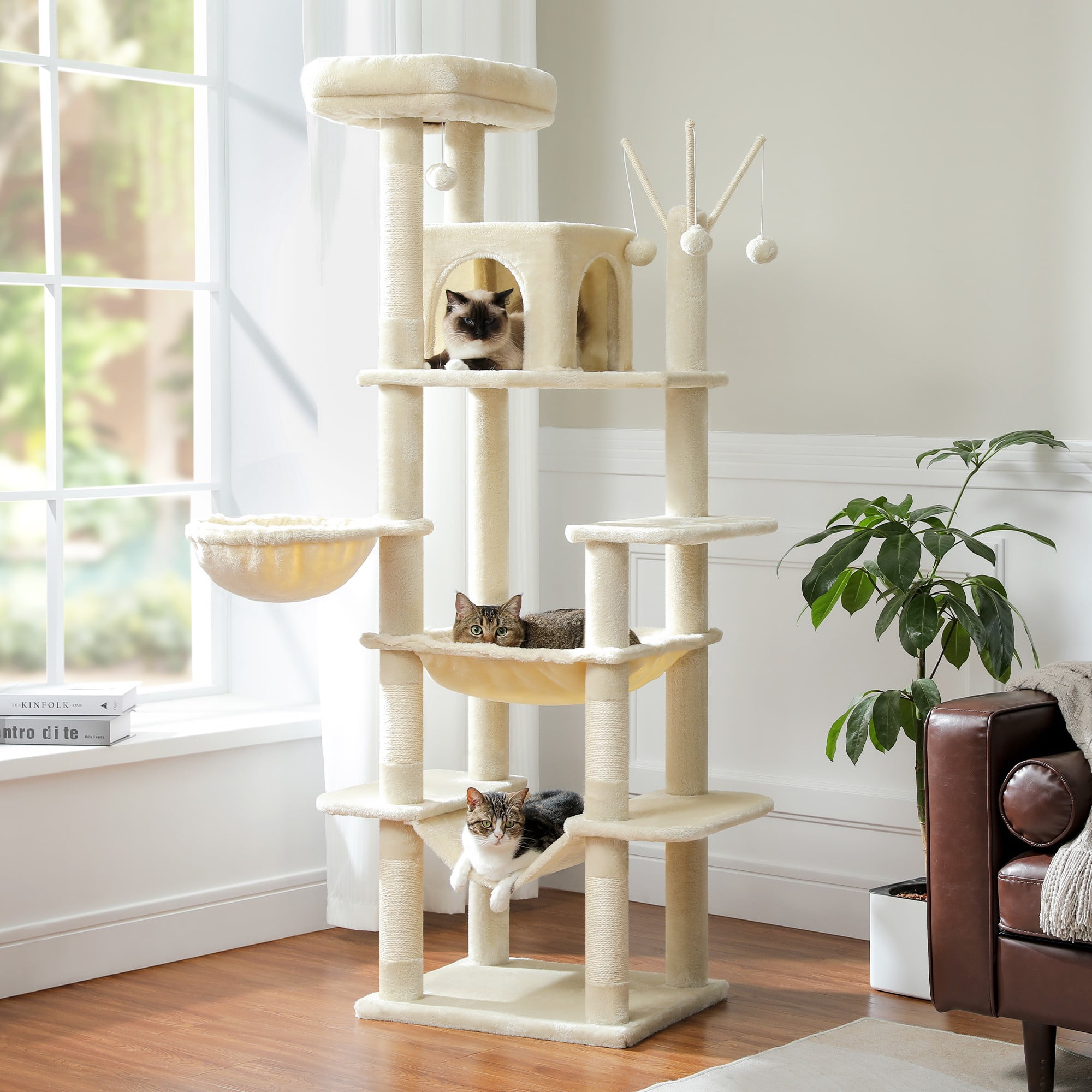 Kadyn 69" Cat Tree Tower for Indoor Large Cats, Fat Cats with Big Hammock, Cat Climbing Tree with Scratching Posts, Condo House and Top Perch, Beige