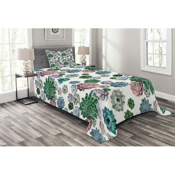 Cactus Bedspread Set Twin Size Colorful Pattern Of Succulent Plants Tropical Exotic Foliage Natural Garden Design Quilted 3 Piece Decor Coverlet Set With Pillow Sham Multicolor By Ambesonne Walmart Com