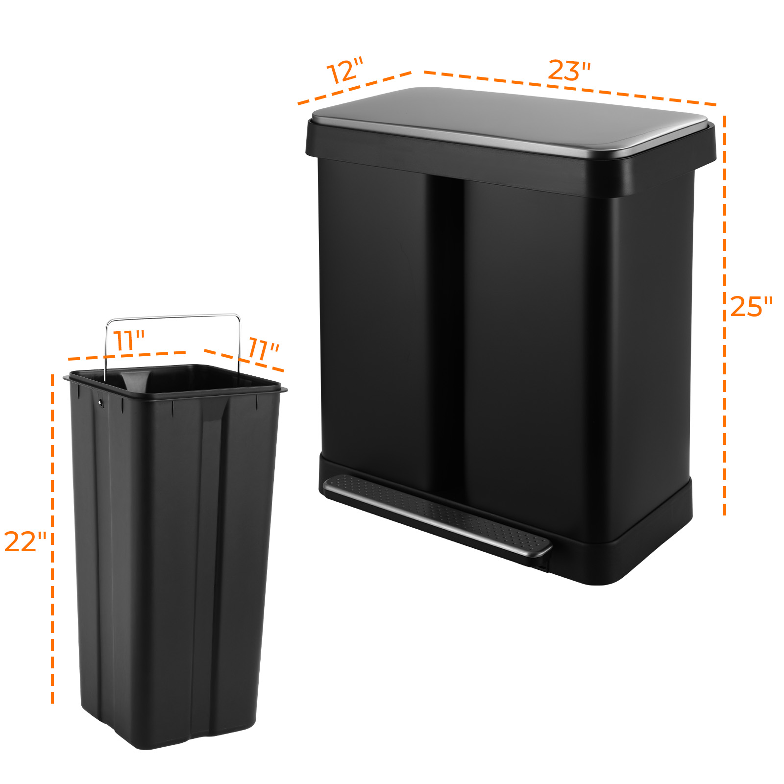 TLSUNNY 16 Gal / 60 L Double Trash Can, Stainless Steel Kitchen Step Garbage Can, w/ 2 Removable Inner Buckets, for Living Room, Office
