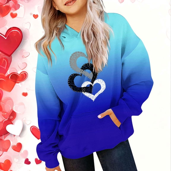 WQNVRNR Kids Valentine's Day Hoodie- Casual Long Sleeve Fleece-Lined Heart Sweatshirt with Pocket Blue Size 10