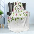 thumbnail image 4 of Floral Soft Flannel Fleece Throw Blanket, Branch with Flowers Leaves Cartoon Illustration Happy Childhood Summer Nature Art, Cozy Plush for Indoor and Outdoor Use, 60" x 80", Pink Green, by Ambesonne, 4 of 5