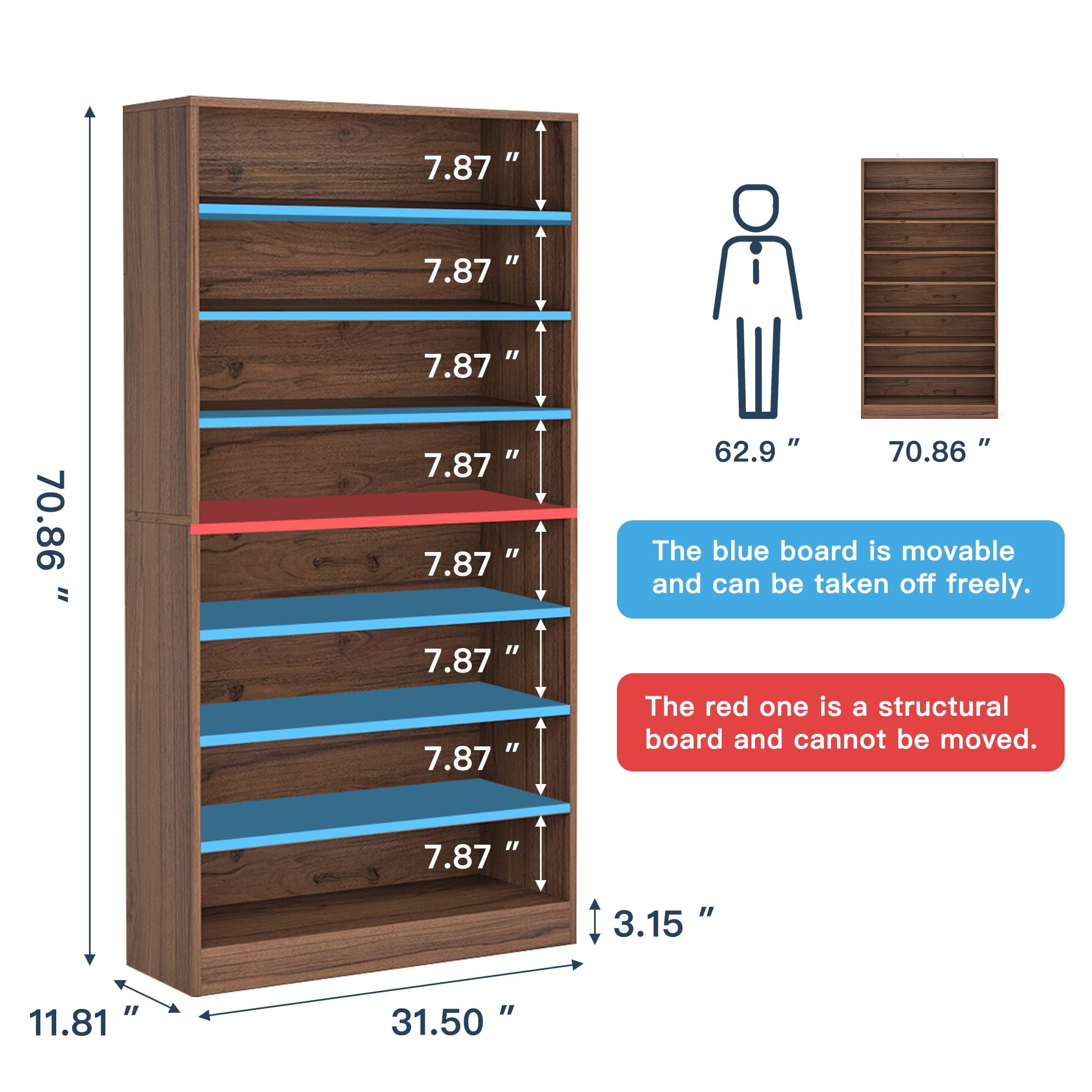 Demi Bonn Wooden Shoe Rack 9-Tier Shoe Storage Organizer Entryway Shoe Shelf, 40-45 Pairs Freestanding Shoe Cabinet, Brown