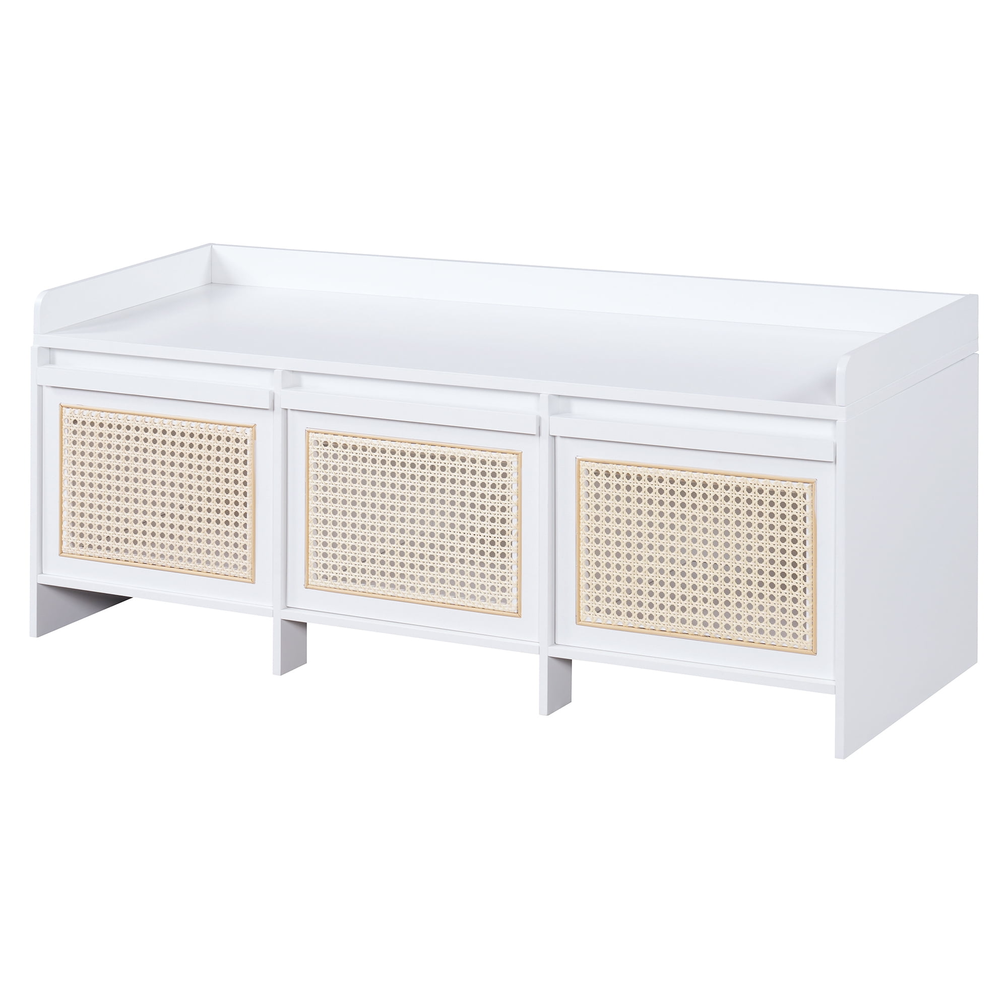 Shoe Bench 48 Inch Entryway Storage Bench with Rattan Drawers and Tufted Cushion, Hallway Seating and Shoe Rack Organizer for Living Room Foyer, White
