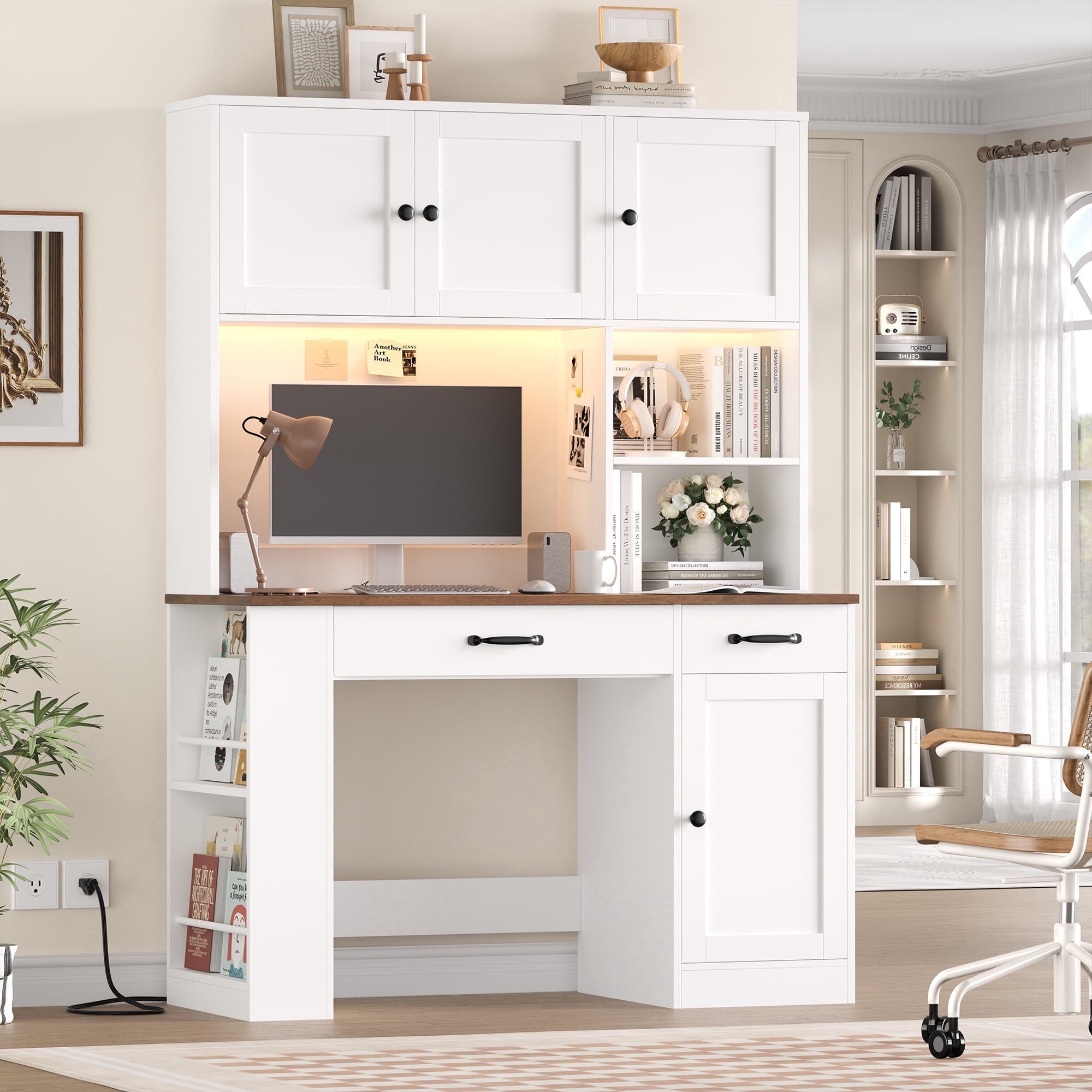 Hiphuta LED Desk with Hutch, Computer Desk with Bookshelves and Charging Station, Study Desk with Storage, White