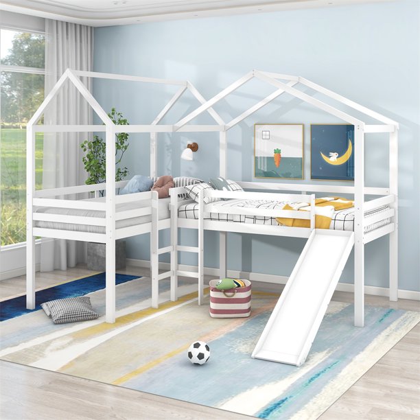 LShape House Loft Beds,Wood Twin Size Loft Beds with Slide and 2