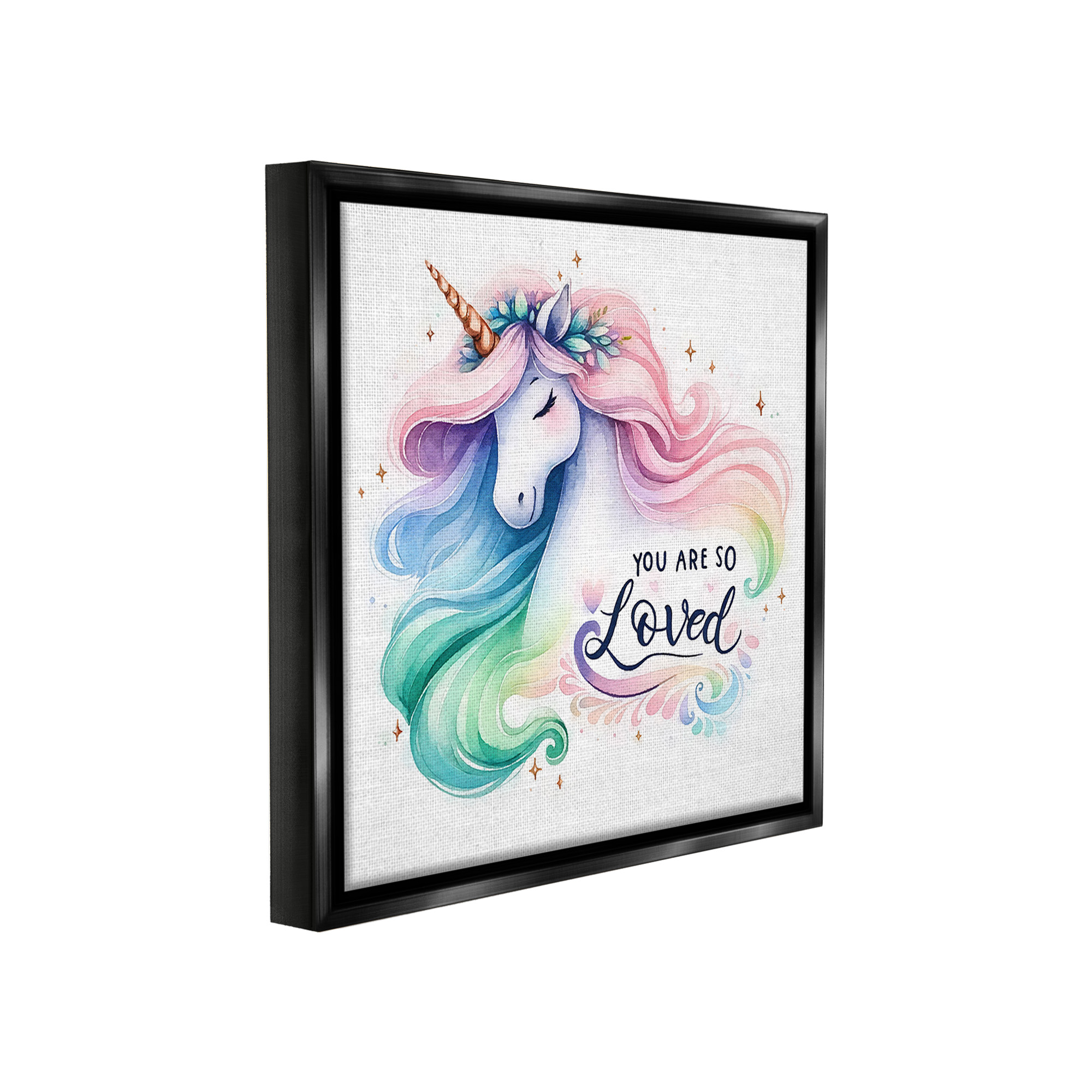 Stupell Industries So Loved Unicorn Fairy Tales & Fantasy Painting Black Floater Framed Canvas Art Print Wall Art, 18 x 18