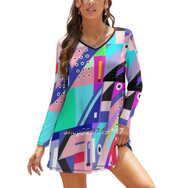 Geometric Colors Square Neck Dress Cute Loose Print Dresses Elegant Beach Party Dress Colors Geometric Diagonal Pattern Memphis