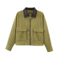 thumbnail image 2 of OGLCCG Womens Cropped Corduroy Jacket Casual Leather Collared Patchwork Zipper Shacket Coat with Pockets Long Sleeve Utility Bomber Jacket, 2 of 8