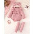 thumbnail image 3 of PureChapter Baby Girls Long Sleeve Ruffle Bow Bodysuit 3-Piece Outfit Set with Headband and Socks Newborn Infant Clothes for 0-18 Months, 3 of 8